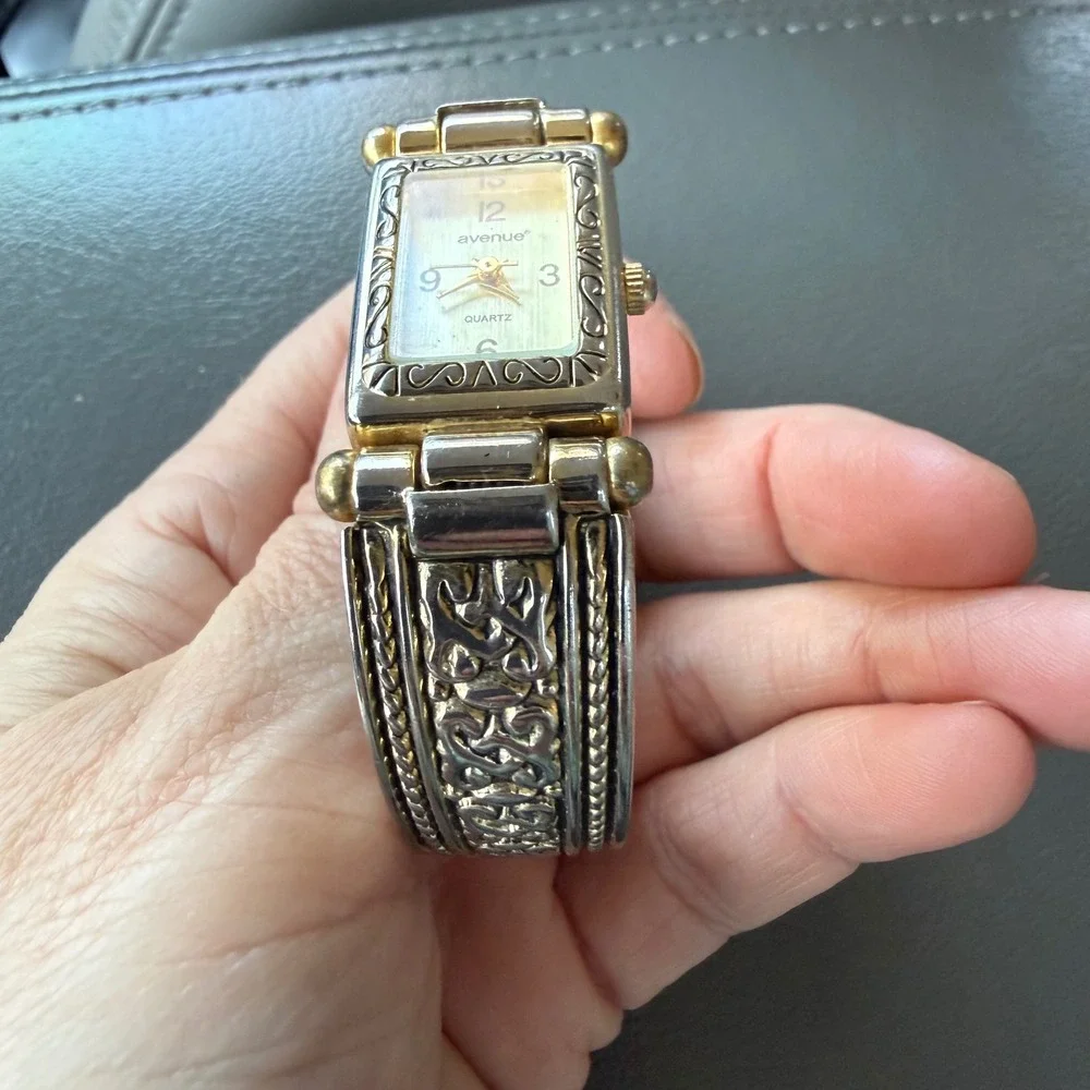 Avenue Womens Two Tone Quartz Cuff Bangle Watch Ornate Celtic Scrollwork Works